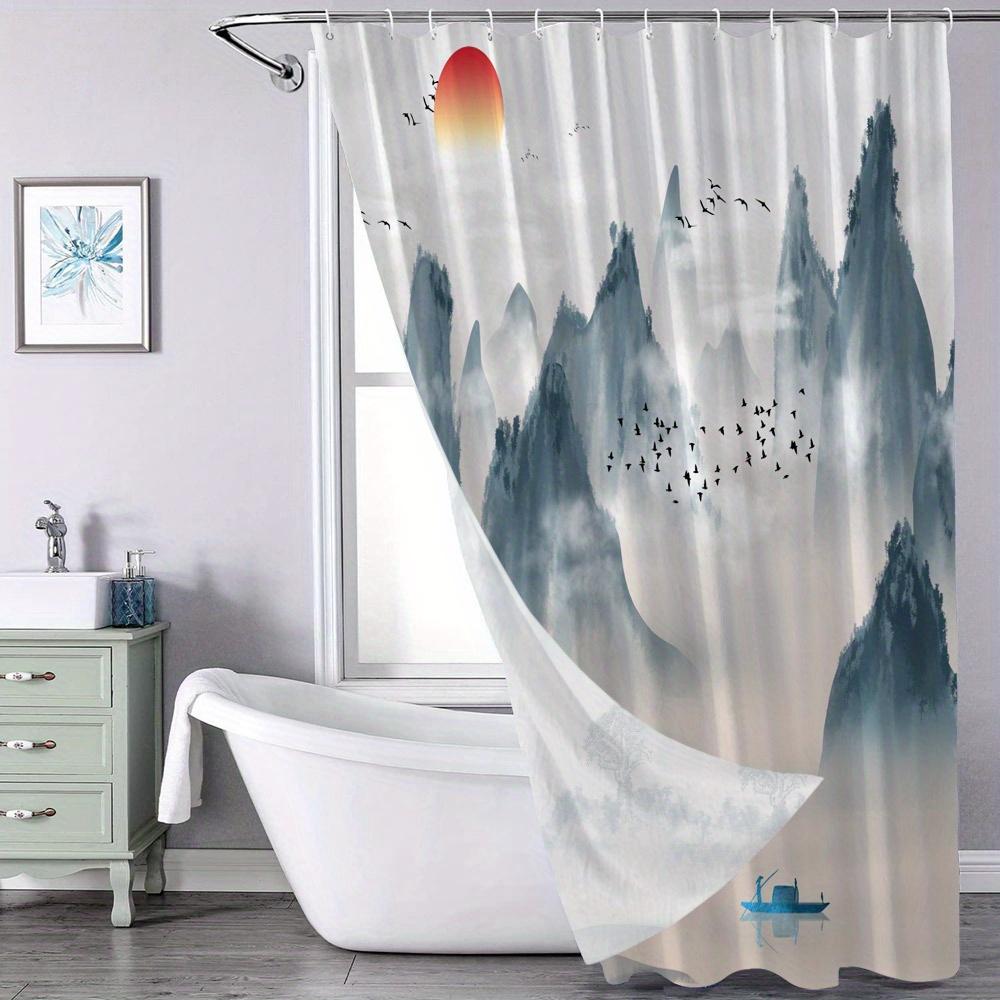 Serene Mountain Landscape Shower Curtain - Polyester, Machine Washable, Unlined, 12 Hooks, All-Season Bathroom Decor