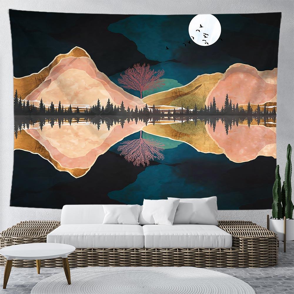 

Эстетический абстрактный окрашенный горный лесной гобелен пейзаж настенный ковер натуральный горный закат гобелен 150X100CM