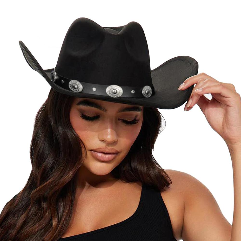 Women Men Western Cowboy Hats Felt Hat Fedora with Upturned Brim and Faux Silver Accents Wide Brim Fedoras Hat Ethnic Style