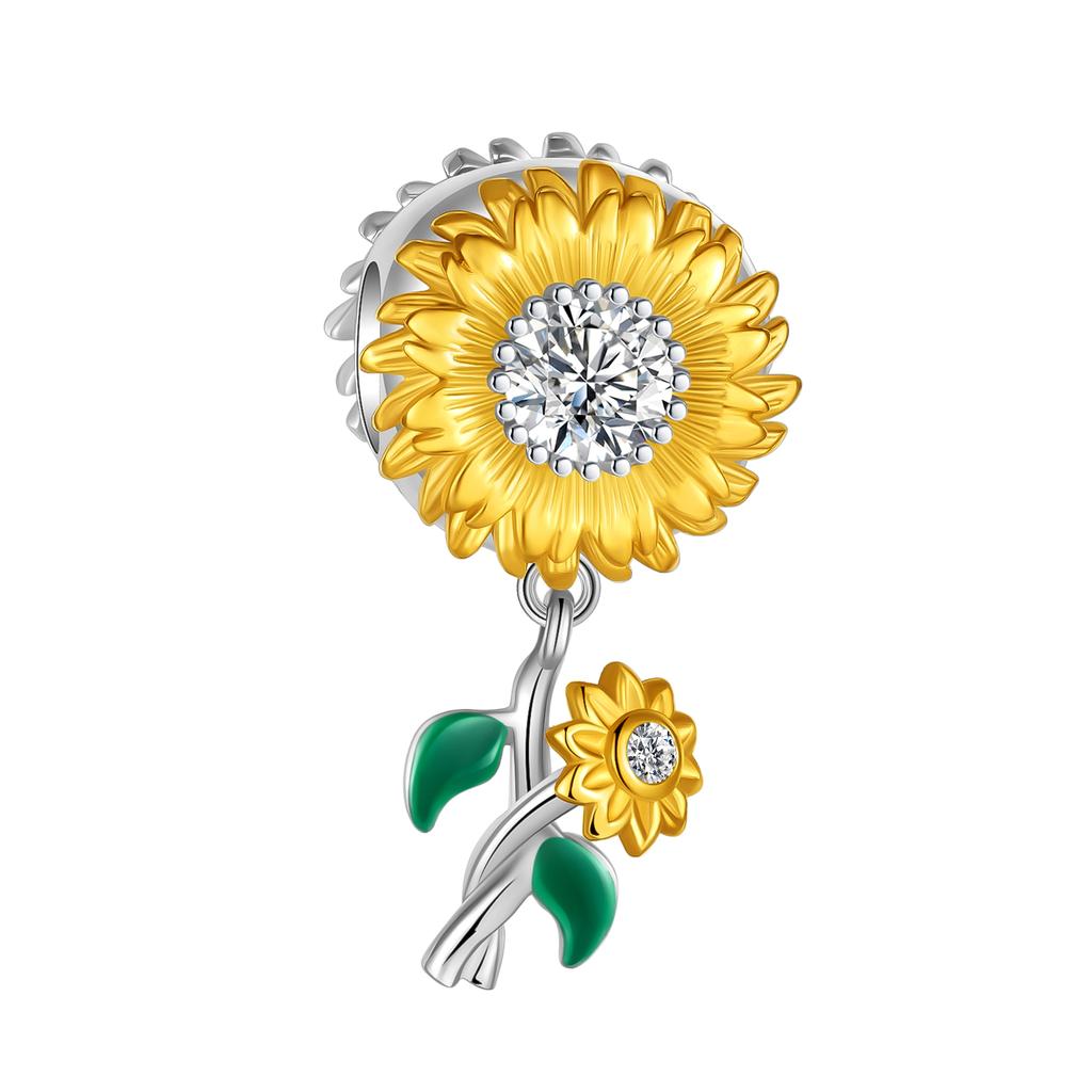 925 Sterling Copper Golden Sunflowers Heart Beads Pendant Charms Beads Fit 4MM Hole Diameter Bracelets Luxury Party DIY Zircon