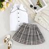 2PCS Baby Girl Sleeveless Shirt & Plaid Pleated Skirt Set, Preppy Style Casual Outf