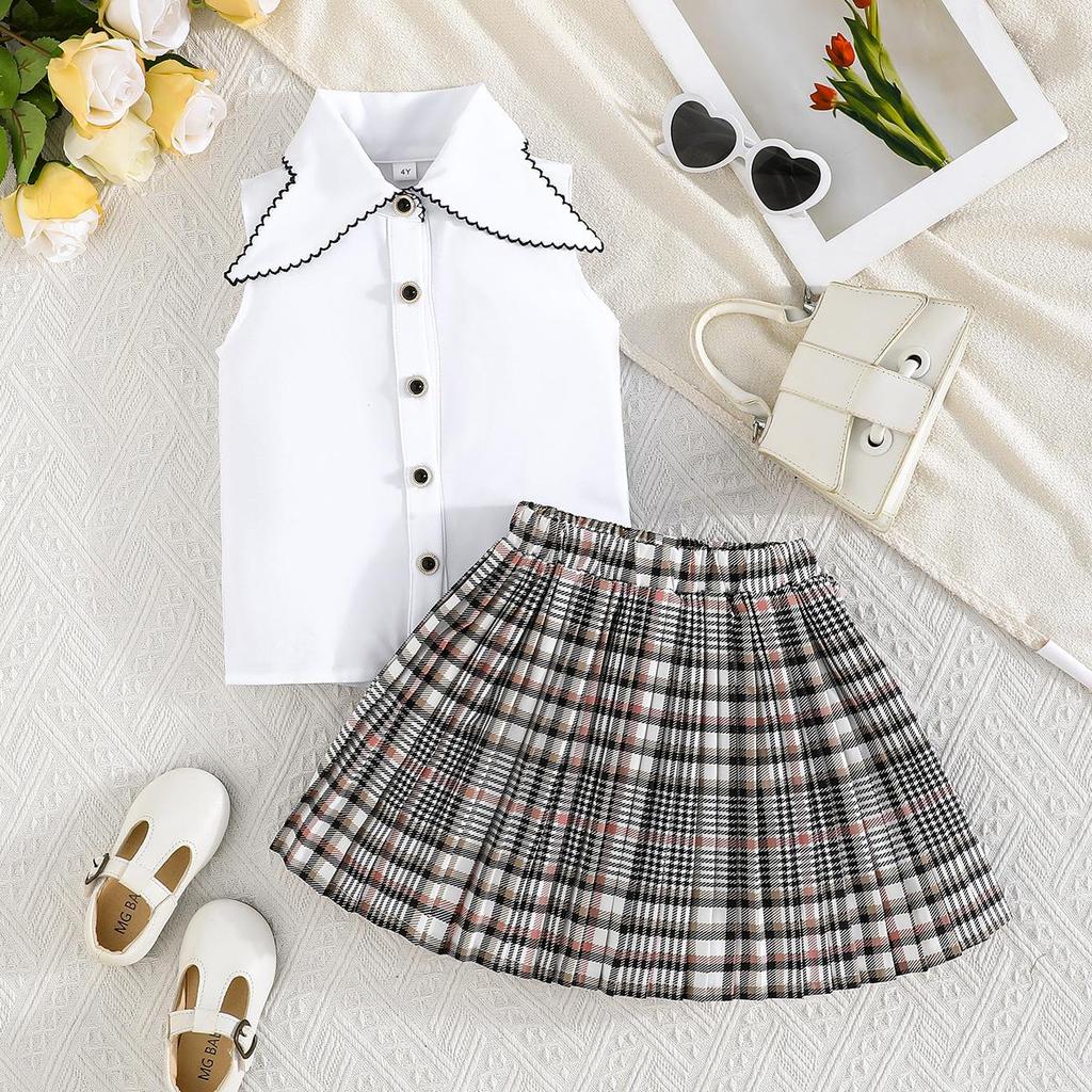 2PCS Baby Girl Sleeveless Shirt & Plaid Pleated Skirt Set, Preppy Style Casual Outf
