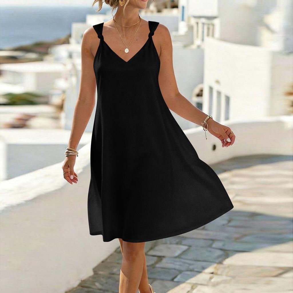 Vestido Casual de Verano para Mujer sin Mangas, Cuello en V, Tirantes de Corbata, Corte Holgado, Línea A, Diseño Sencillo de Color Sólido, Tejido Ligero
