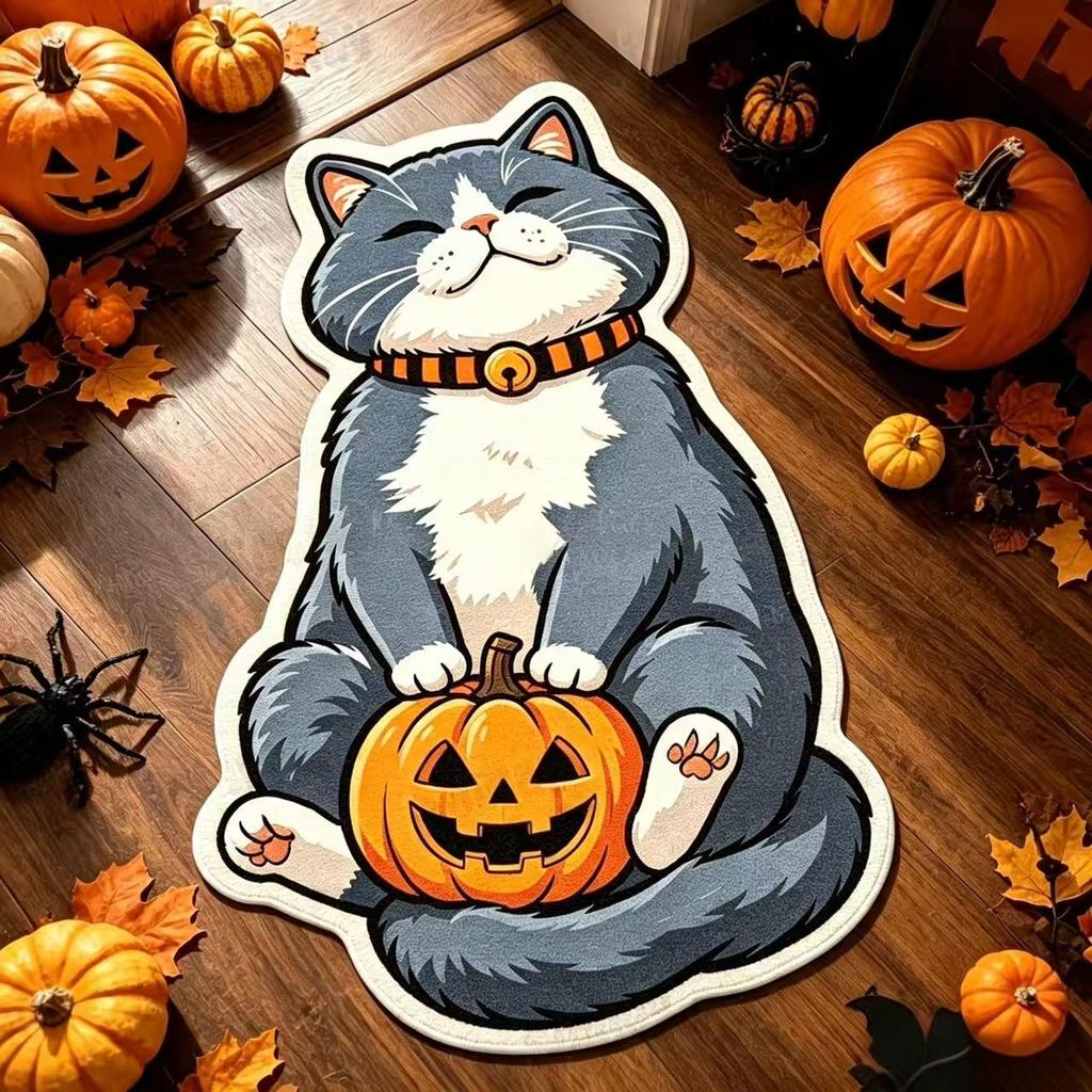 Halloween Carpet Halloween Wizard Orange Cat Irregular Bath Mat Non Slip Water Absorbent Bedroom Entrance Holiday Home Decor Rug