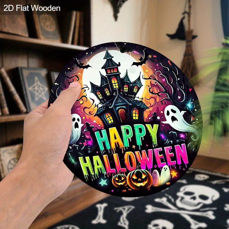 Happy Halloween Wooden Sign with Horror Castle Pattern - Figurine Ornaments with Pumpkin & Ghost Pattern - Ideal for Front Door, Yard, Porch Decor