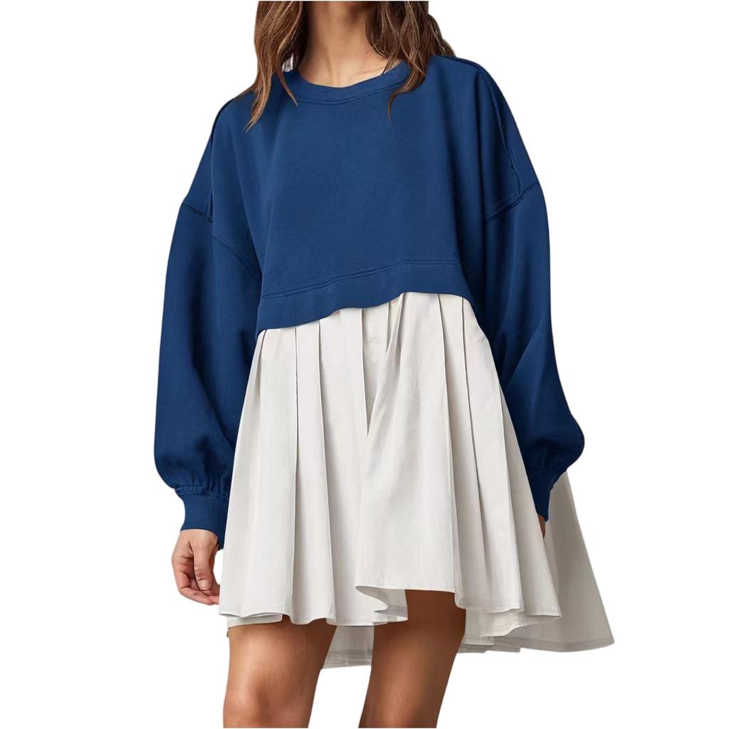 Women's Color Block Pleated Sweatshirt Dress Casual Loose Fit Two Piece