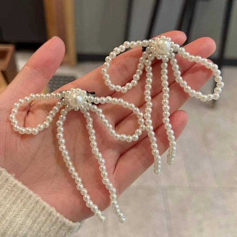 Artificial Pearls Bowtie Hair Clip Sweet Bowknot Hairpin Hair Style Tool for Thin Hair Korean Style Headdress