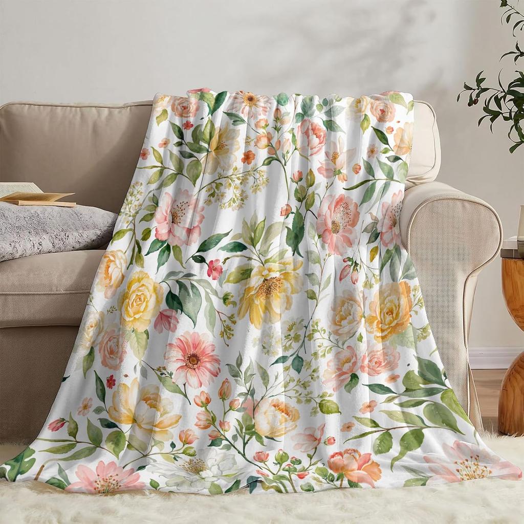 Leafy Watercolor Floral Throw Blanket Pink Green Botanical Art Home Bedroom Living Room Decor Gift