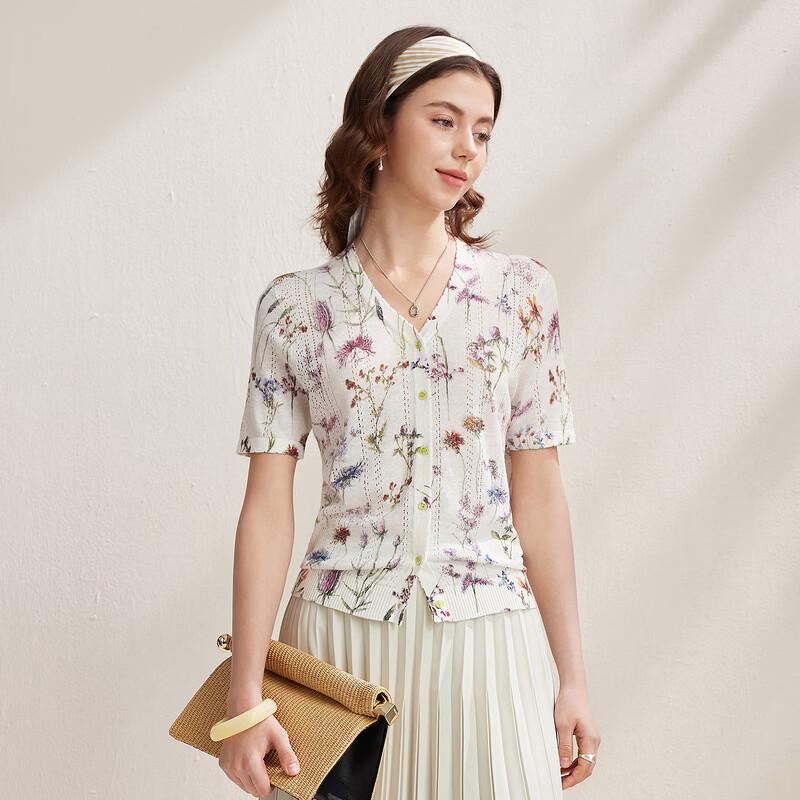 Zhao Jun Women's Linen Blend Floral Short Sleeve Knit Cardigan