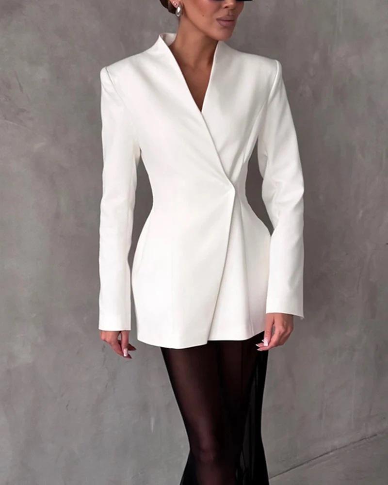 2025 Damenmode einfarbiger Netzrock und Anzug mit langem Ärmel und Revers