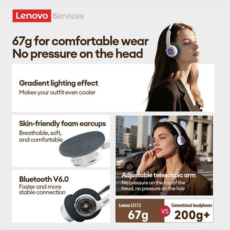 Original Lenovo LS113 On-Ear Bluetooth 6.0 Headphones 30H Battery ENC Noise Reduction Wireless Headset RGB Light Stylish Retro Earphones New