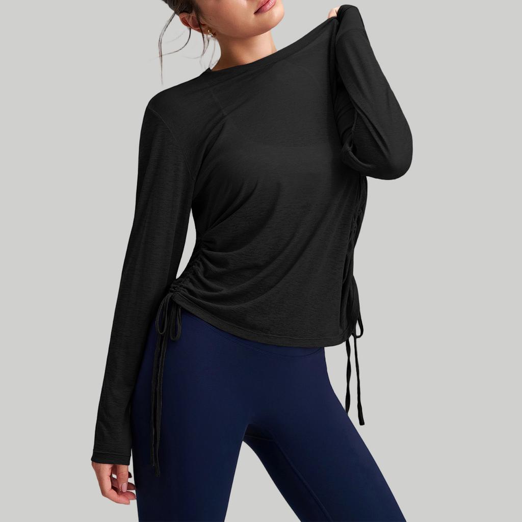 Women's Loose,Fit Breathable Side Drawstring Long,Sleeve Cover,Up Yoga Top