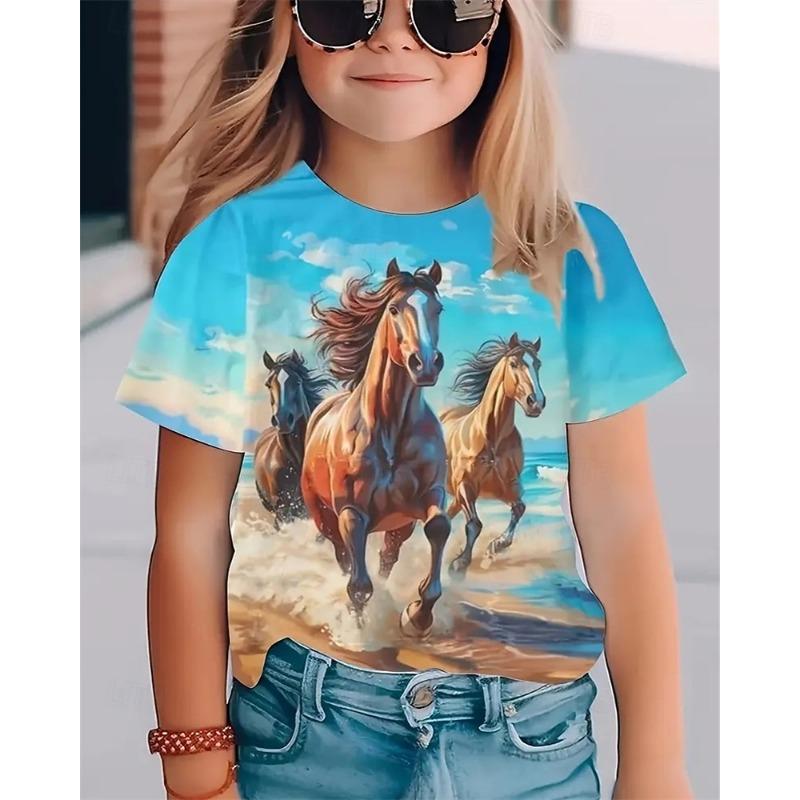 

Girls 3D Horse T shirt Tee Short Sleeve Summer Spring Fashion Basic Kids 4-12 Years Crew Neck Outdoor Casual Daily Regular Fit 110cm
