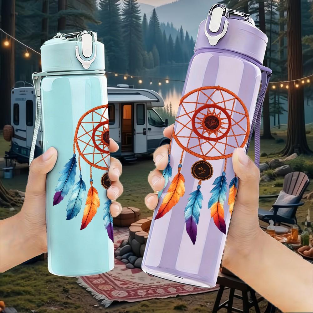 1PC Bohemian Dreamcatcher 750ml Color Plastic Sports Water Bottle Leakproof Flip Straw Lid Suitable for Sports Office Home Use