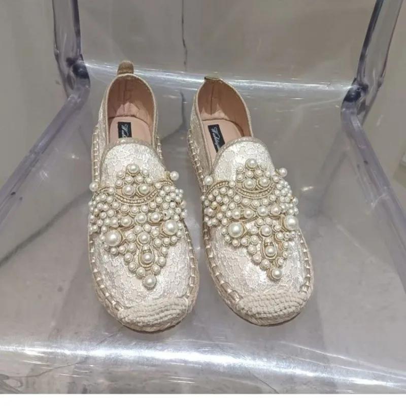 2026 New String Bead Half Slippers Spring Slides Women Shoes Pearl Hemp Women Cotton Fabric Lace Shoes
