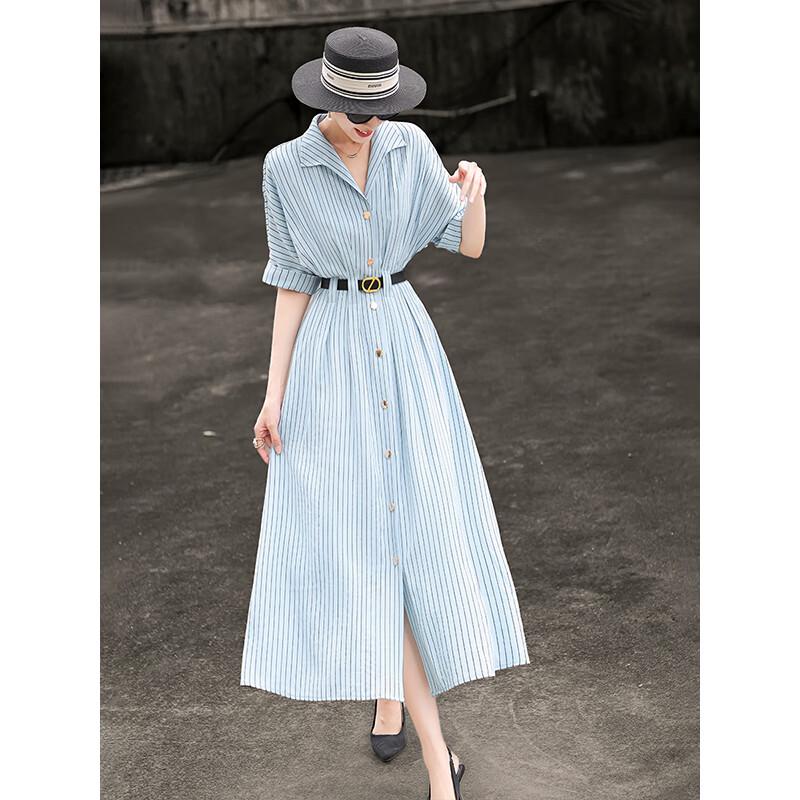 Elegant Striped Cinch-Waist Shirt Dress