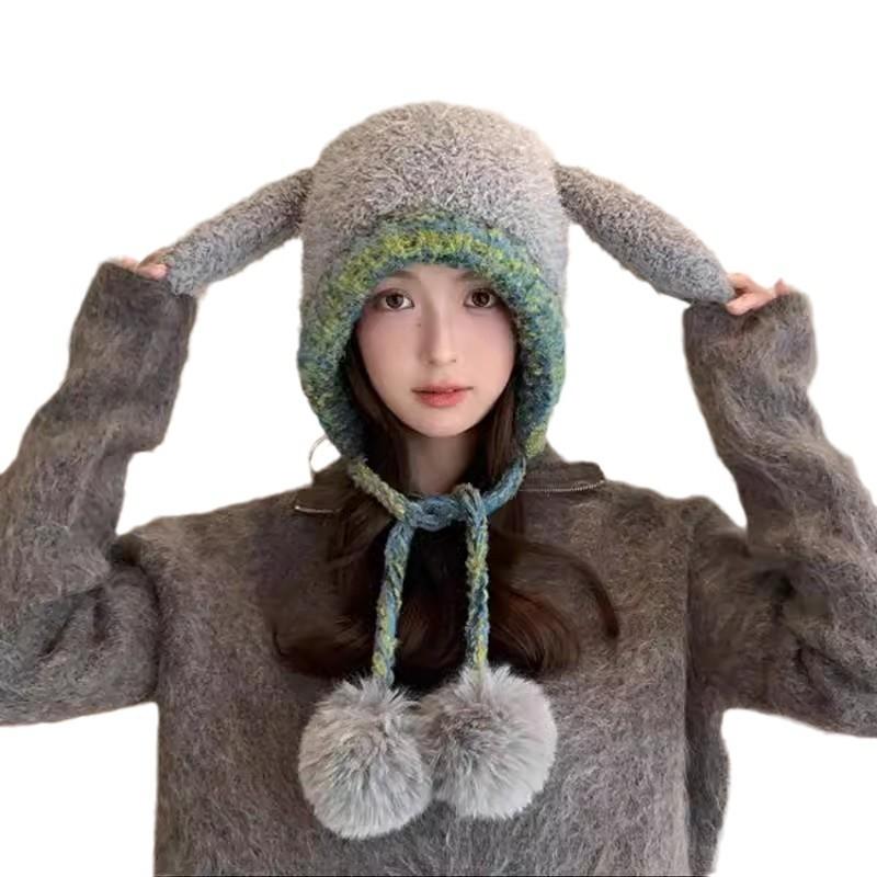 New Cute Rabbit Ear Hat for Women In Autumn and Winter Thickened Bicycle Hat Bag Integrated Knit Plush Hat
