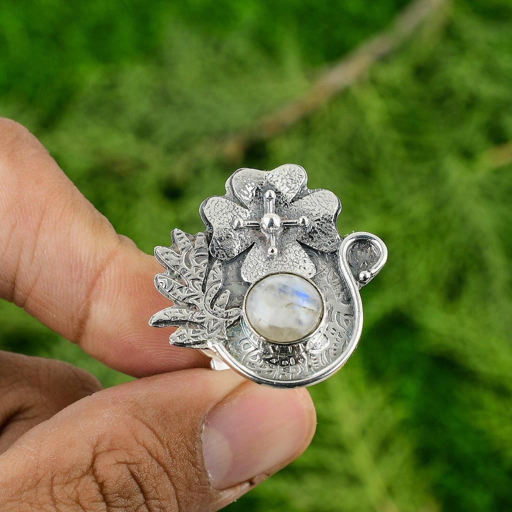 Rainbow Moonstone Gemstone Birthday Flower Engagement Solitaire Ring 925 Silver