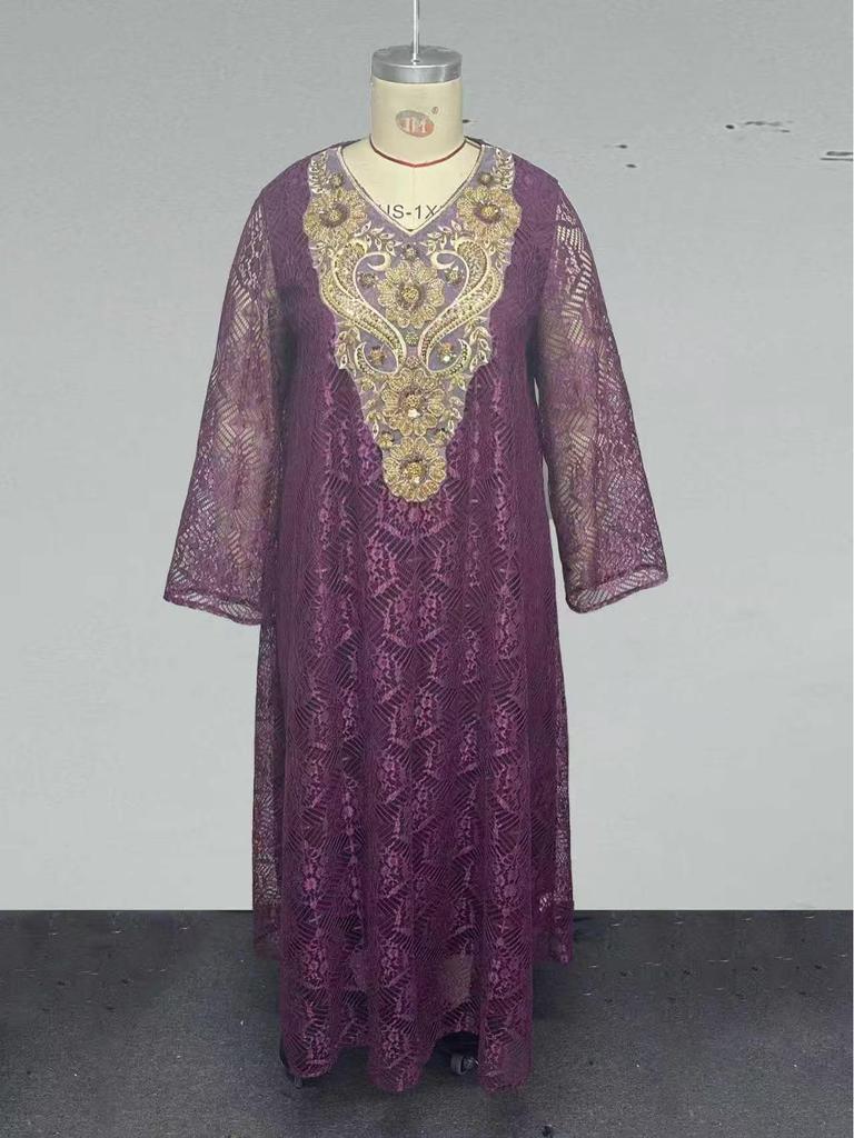 Plus Size V-neck Lace Dress with Sequin Embroidery - Flattering, Loose-Fit Muslim Formal Attire