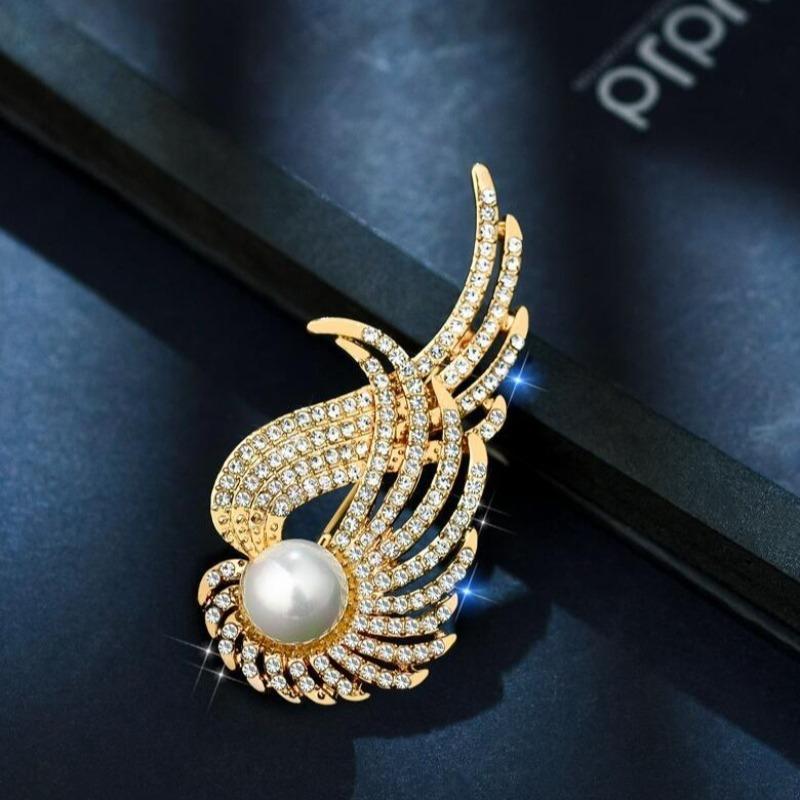 Rhinestone Wings Pearl Feather Brooches for Women Weddings Banquet Party Badges Clothing Jewelry Accessories Pins