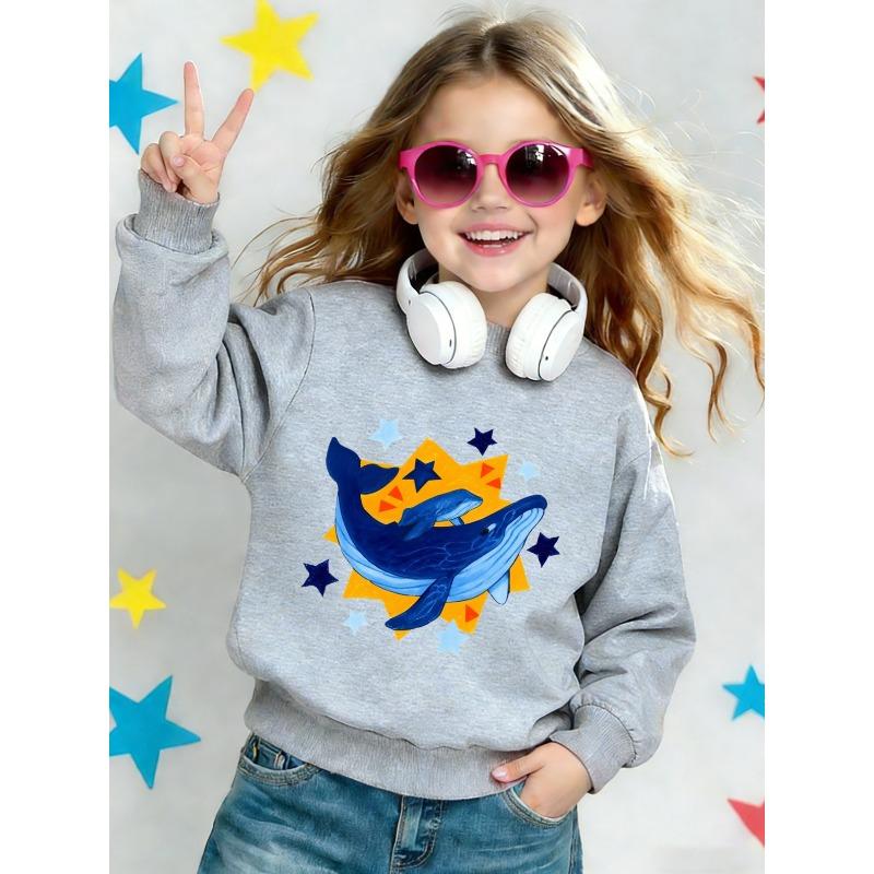 European sizes Spring Cute Whale Print Kids' Crew Neck Sweatshirt, Comfortable and Soft, Suitable for 0-3 Year Old Babies for Outdoor Wear