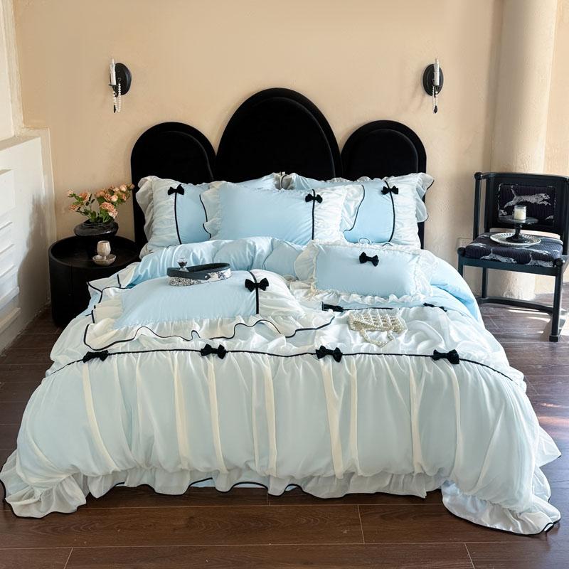 Romantic Lace Princess Black Bow Bedding Set Pink Korean Style Duvet/Comforter Cover Set Bed Sheet/Fitted Sheet Pillowcases 4Pcs