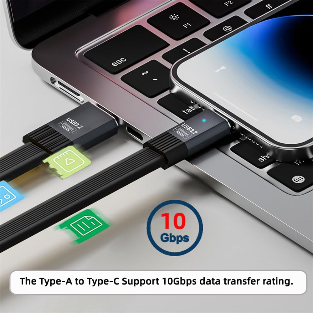 NFHK Cable Male To Male 10Gbps Flat Slim FPC Data Power Cable 5V3A for and Disks USB3.1 Type-A Type-C USB-C Laptops, Phones, (100cm)