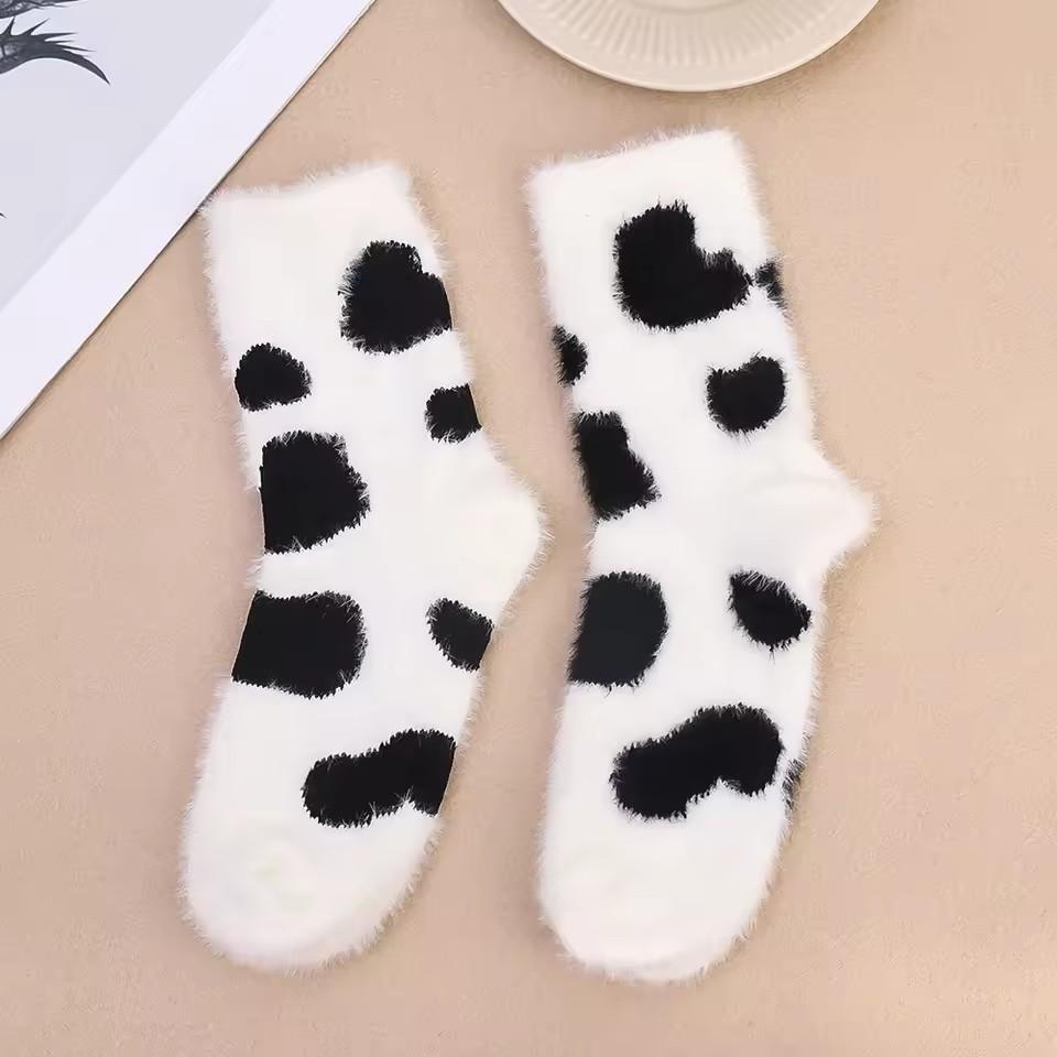 Cartoon Cute Cow Mink Velvet Socks Women Winter Soft Fleece Plush Warm Home Sleep Boot Socks Kawaii Thermal Tube Sox