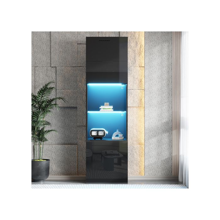 Vitrine - MUVOE - Noir Brillant - 1 étagère en verre - Éclairage LED - 160 cm