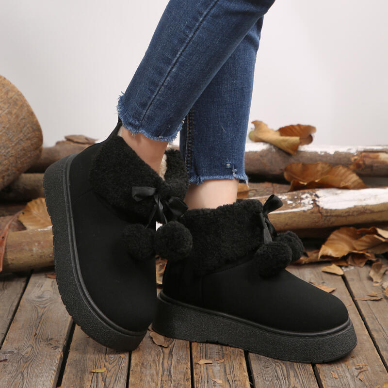 Fashion Soft Thick Bottom Furry Snow Boots Women 2025 Winter Chunky Platform Fluffy Fur Ankle Boots Cute Plush Ball Bowknot Cotton Shoes