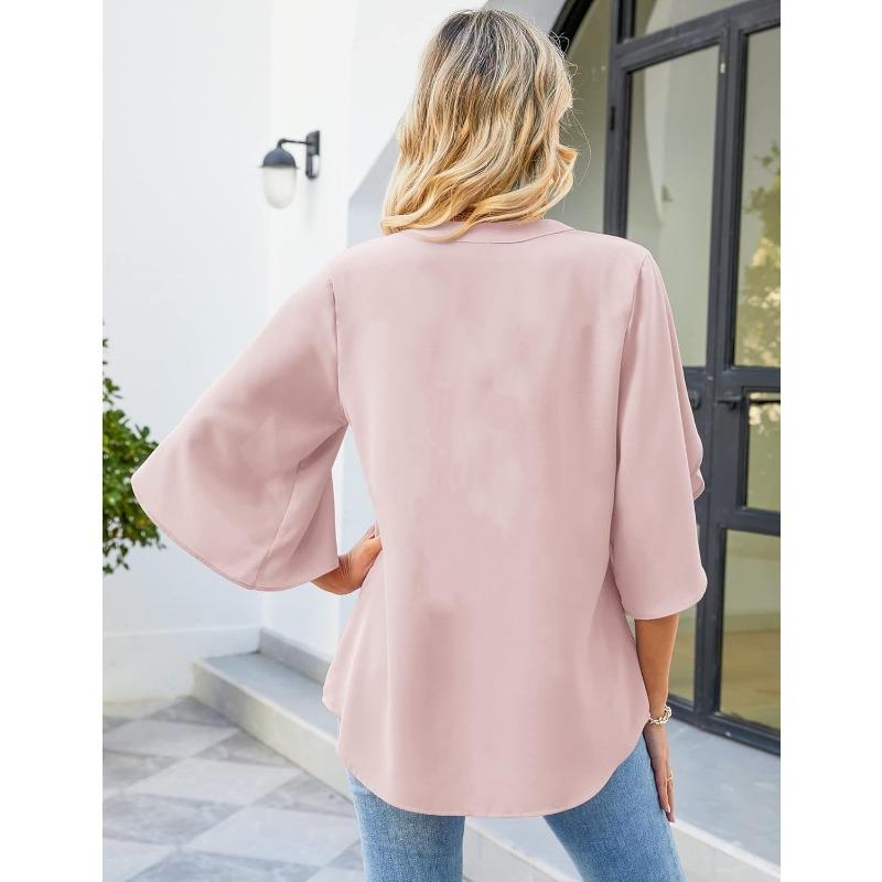 Summer V-neck Loose Casual Office Women Blouse Elegant Petal Short Sleeve Ruffled Chiffon Top Fashion Female Solid Color Simple Shirts Women Vlothing