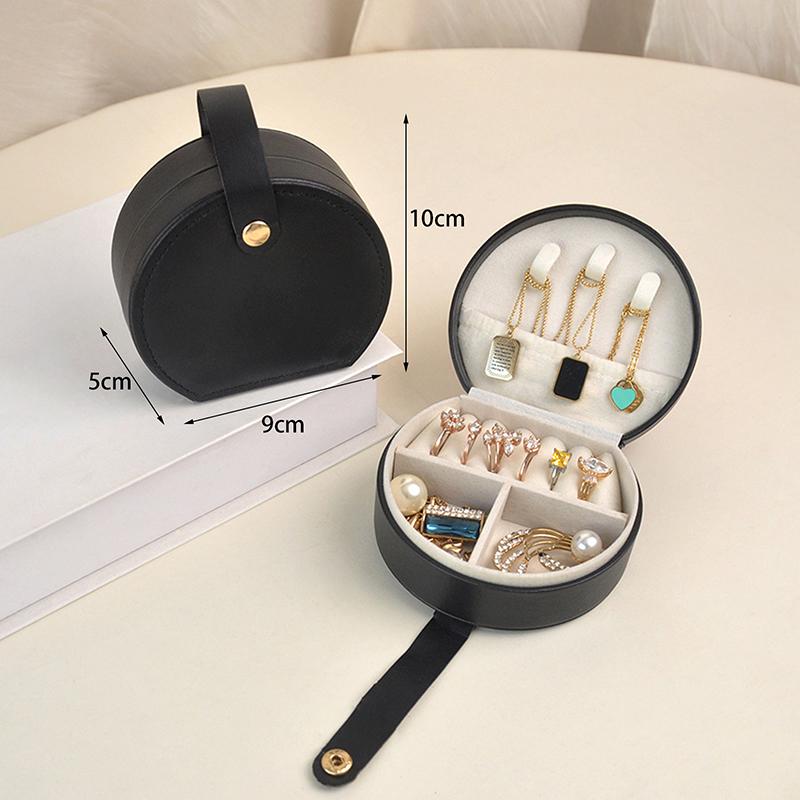 Portable Round Jewelry Box Mini Pu Leather Case For Rings Earrings Necklaces