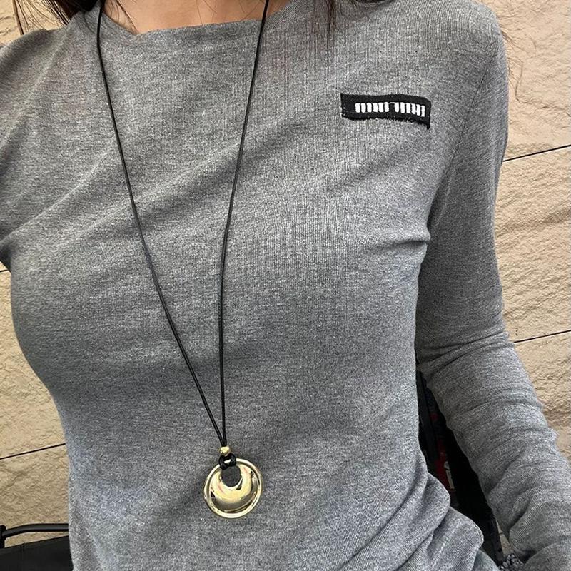 Korean Round Geometric Pendant Necklace for Women Luxury Silver Color Drop Black Rope Necklace Sweater Chain Jewelry Accessories