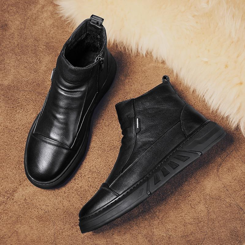 Fashion Winter Men Leather Boots for Man Warm Plush Inside High Tops Leather Casual Shoes Platform Snow Ankle Thick Plush Cotton Shoe