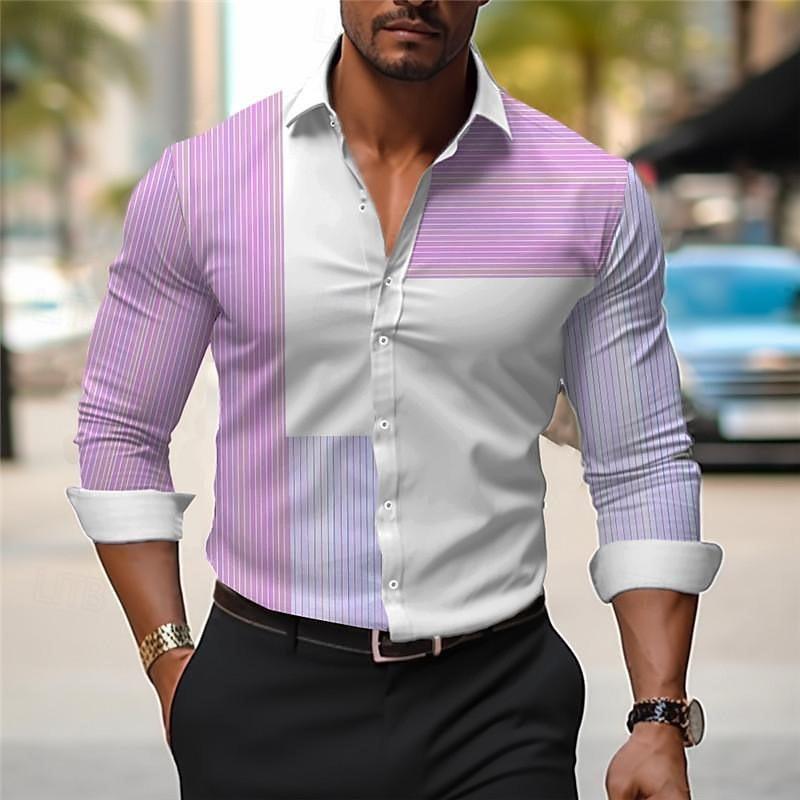 Striped men's business casual 3D printed shirt for outdoor wear, daily work folding, long sleeved oversized xs-6xL for comfort