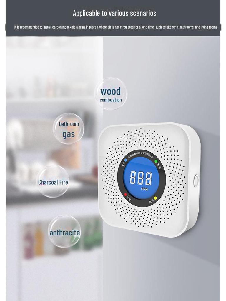 Zasilany bateryjnie wewnętrzny detektor tlenku węgla i gazu