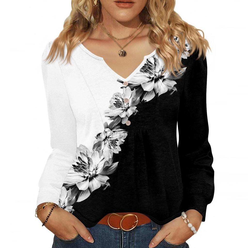 Women's Fashionable Casual V-neck Blouse Button Long-sleeved Pullover T-shirt Top