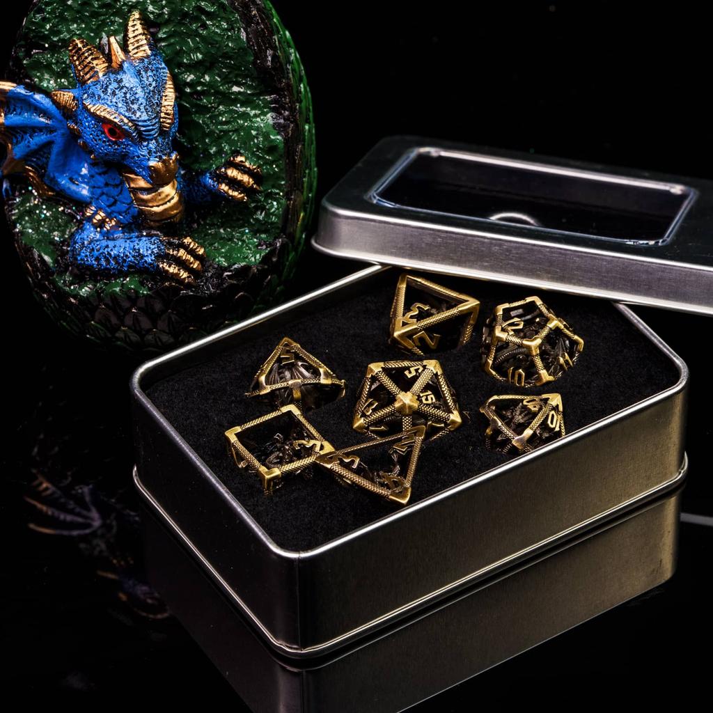 Cusdie Dračí duté kovové DND kostky 7 ks D4-D20 Polyedrická sada kostek se železnou krabičkou pro RPG hru Pathfinder Stolní hry