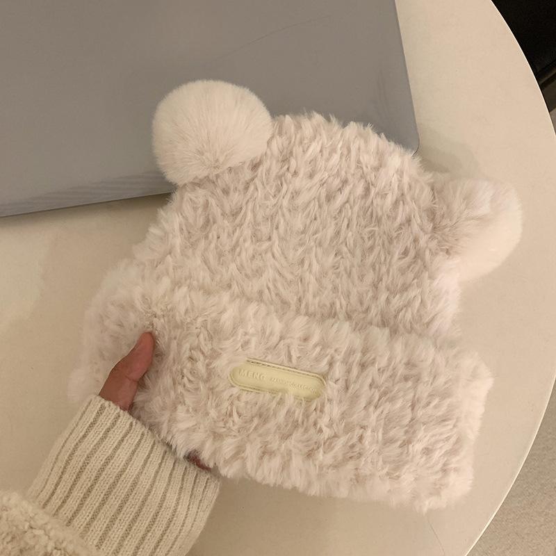 Cute Bear Wool Hat for Women In Winter Korean Plush Warm Furry Autumn and Winter Big Head Knitted Hat