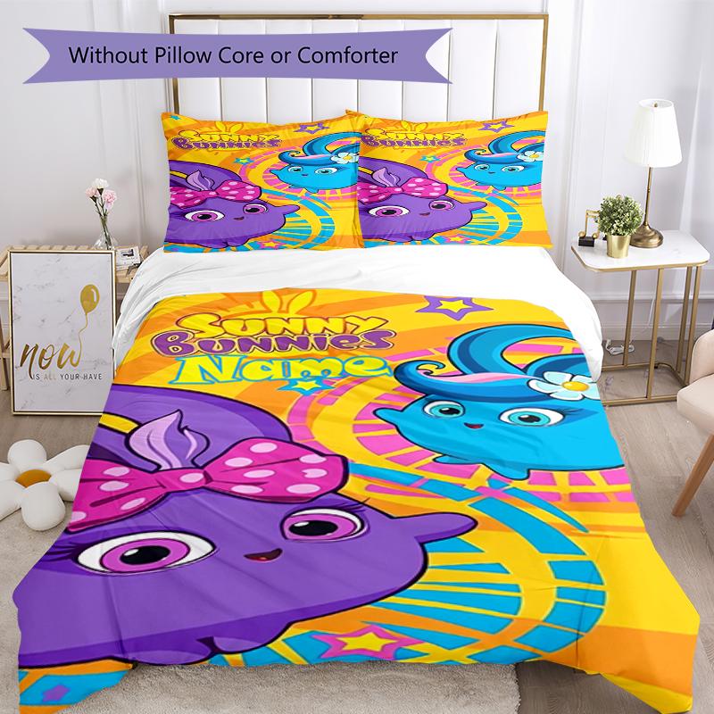 3pcs Custom Name Sunny Bunnies Bedding Set Duvet Cover Closure Includes 1 Duvet Cover & 2 Pillowcases, Soft and Comfortable for All Seasons.