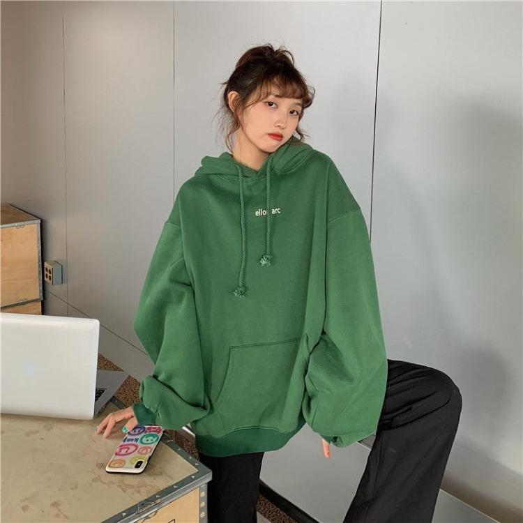 Autumn Winter Velvet Hooded Oversized Hoodie Women Loose Top Letter Print for Student Ladies