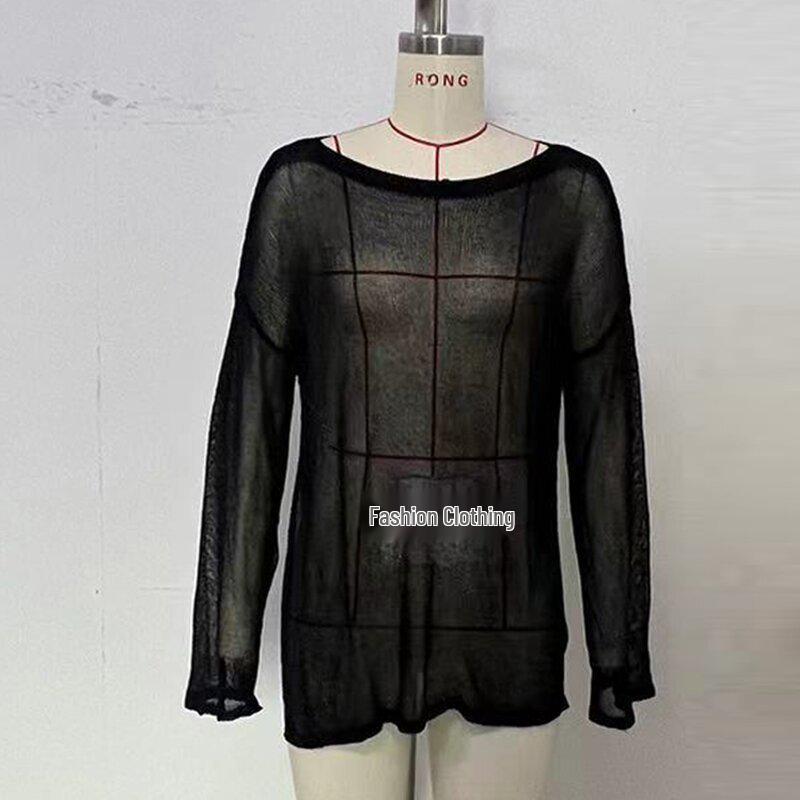 European & American Women's Sexy See-Through Loose Pullover Cardigan – Long Sleeve, Round Neck, Solid Color, Fashion Sun Protection