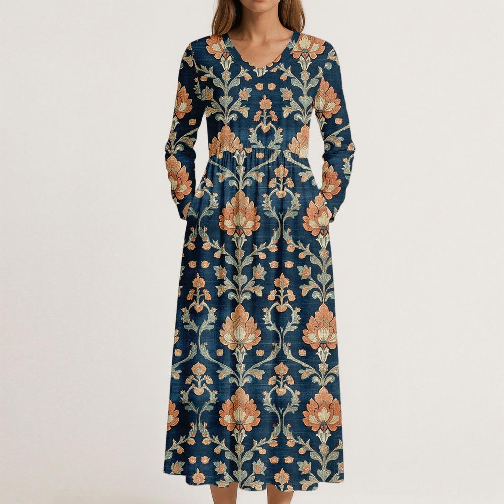Šaty Pro Ženy Dlouhé Boho Plážové Šaty Elegantní Maxi Šaty Výstřih do V Dlouhý Rukáv Šaty s Kapsami