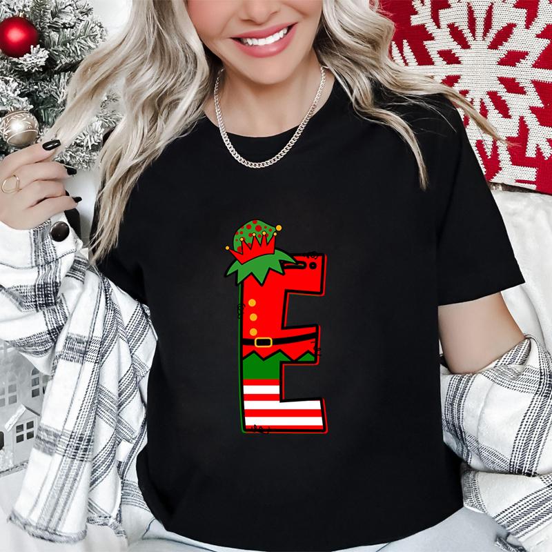 Womens Christmas Alphabet AZ Graphic Print Tshirt Holiday Casual Top with Santa Letters Perfect for Xmas Party Street Wear