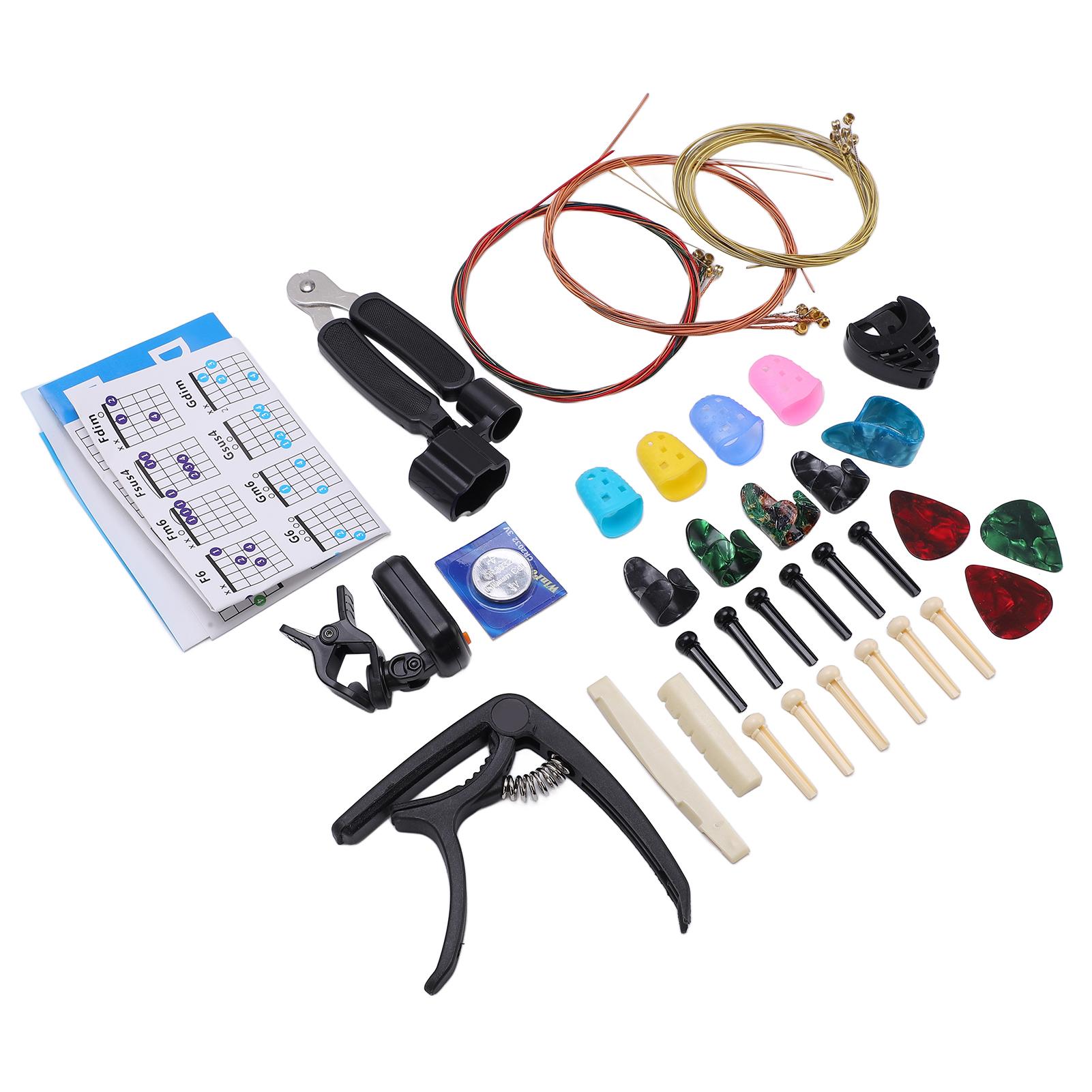 

Набор гитарных аксессуаров включает гитарные струны, тюнер, инструмент 3-в-1 для смены струн, бридж-пины