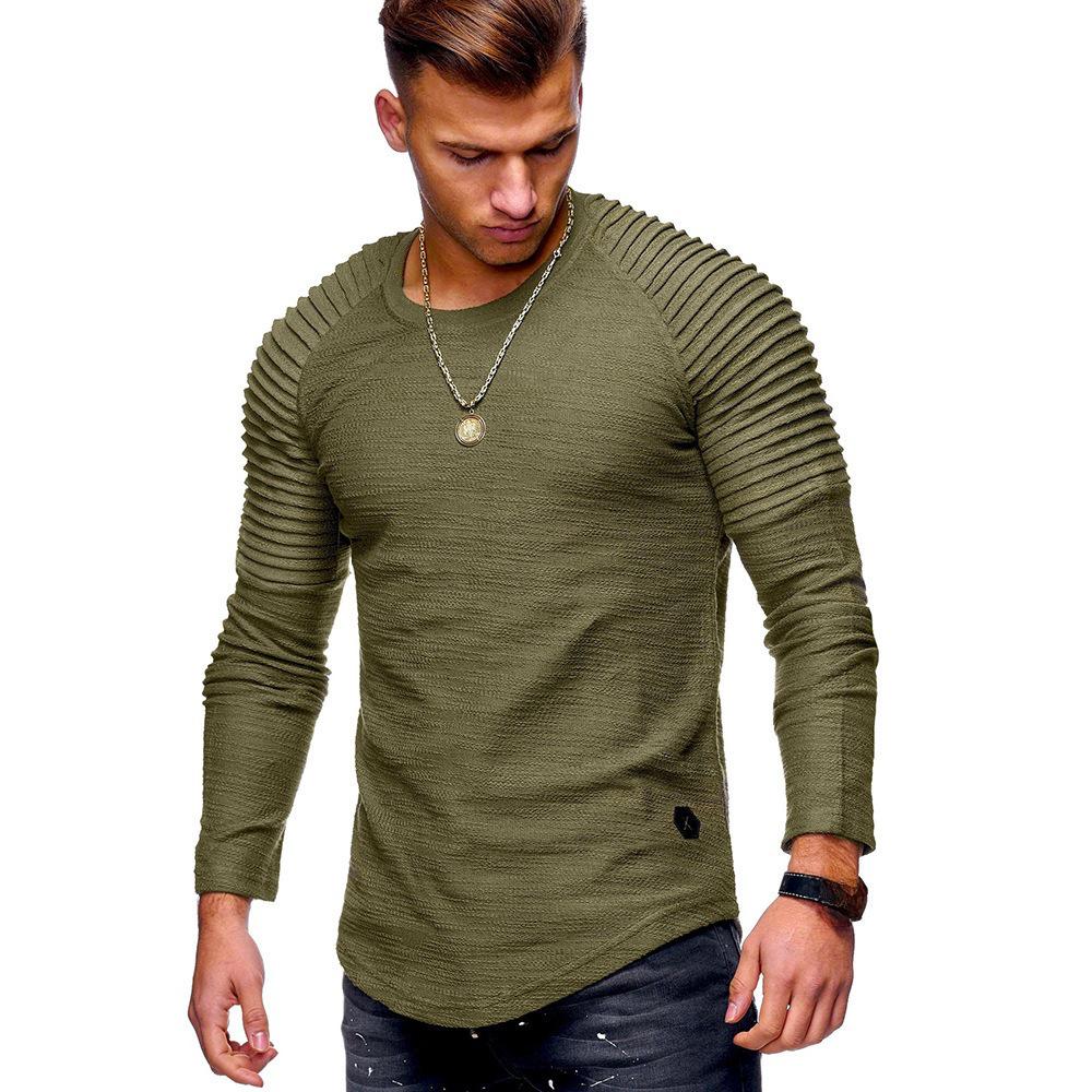 Men's Slim Fit Long Sleeve Raglan T-Shirt - Solid Color, Round Neck, Pleated Sleeves, Perfect for Spring & Autumn.