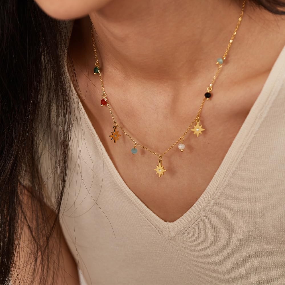 Necklace for Star Stainless Colorful with Christmas [Deelfel] Women, Charm, Gold, Steel, Beads, Zirconia, Adjustable, Gift, Birthday,