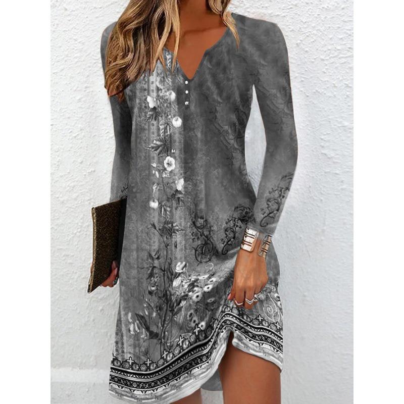 QICED Fashion Autumn Winter Long Sleeve V-Neck Casual Dresses