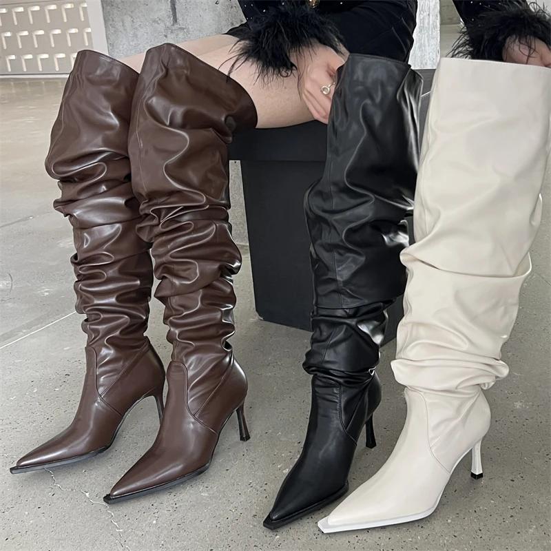 Eilyken Design Style Pleated Thin Heels Women Knee-High Long Boots Autumn Winter Pointed Toe Stripper Prom Ladies Shoes