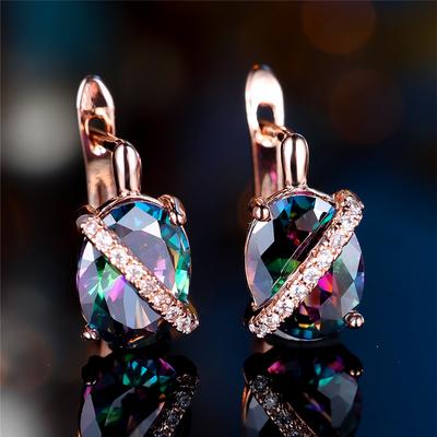 Cute Female Rainbow Zircon Stone Oval Hoop Earrings Fashion Female Rose Gold Color Wedding  For Women